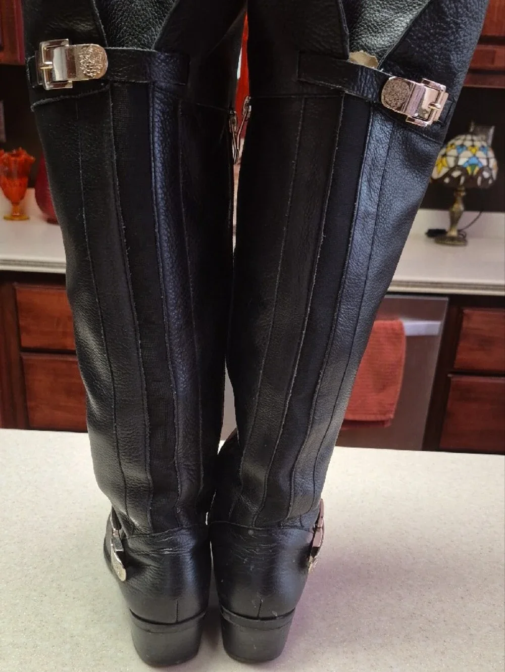 Vince Camuto Bocca Black Leather Knee High Boots Gold Buckle Hardware Size 8